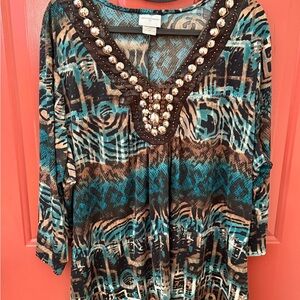 Jaclyn Smith Teal and Brown Jeweled V-Neck Tunic